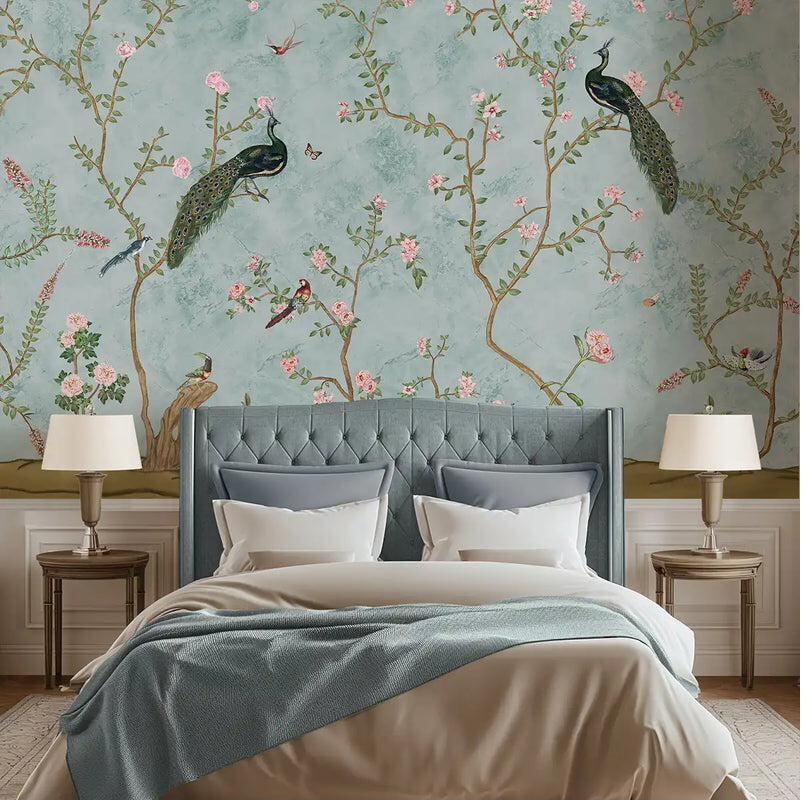 Bagiya floral pattern wallpaper installation in master bedroom — recent project by Siddhi Decorators in Pitampura
